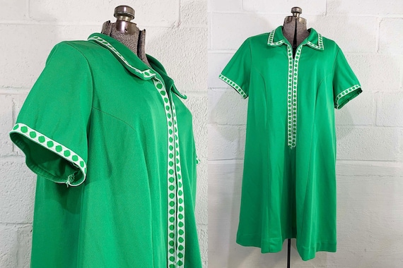 Vintage Kelly Green Shift Dress Lane Bryant Dagger Collar Short Sleeves 1960s Mod Plus Curvy Volup Dopamine Dressing 3XL 4XL 3X 4X