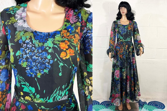 Vintage Floral Dress Sheer Long Peasant Sleeves Jobi Wildflowers Bishop Sleeve Midi Maxi Wedding Bridesmaid 1970s 1980s Medium Large