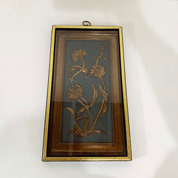 Vintage Flower Wall Art by Yolande 3D Mid-Century Copper Framed Flowers Leaves Hanging 1960s 1970s