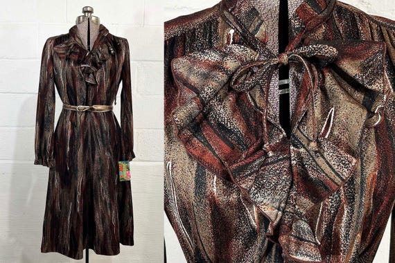 Vintage Jorana Modell Brown Dress Ruffle Collar Secretary Long Sleeves A-Line 1960s 1970s Large