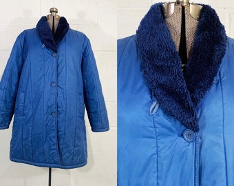 Vintage Wintermantel Puffy Kugelfisch Haband gesteppte blaue Jacke Hipster Kunstpelz Kragen gemütlich 1980er 1990er Jahre plus kurvige Volup XXL XL 2XL 2X