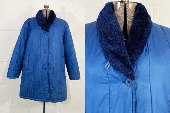 Vintage Winter Coat Puffy Puffer Haband Quilted Blue Jacket Hipster Faux Fur Collar Cozy 1980s 1990s Plus Curvy Volup XXL XL 2XL 2X