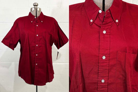 Vintage Cranberry Red Button Front Short Sleeve Shirt Collar Maroon Burgundy The Gent Deadstock New Old Stock NOS 1960s 2X XL 2XL