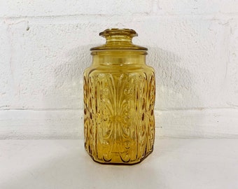 Vintage glazen keukenbus L E Smith Amber gele apothekerspot Atterbury Scroll opslag glaswerk Cookie Boho jaren 1970