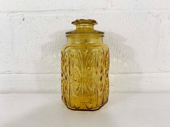 Vintage Glass Kitchen Canister L E Smith Amber Yellow Apothecary Jar Atterbury Scroll Storage Glassware Cookie Boho 1970s