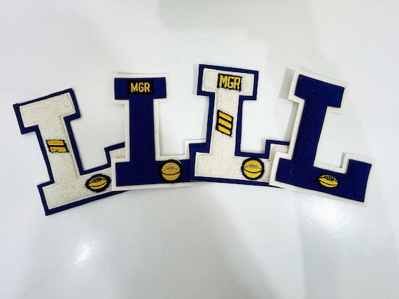 Vintage Chenille Patch Letterman Basketball Football Manager Sports Fan Father's Day Blue Yellow White
