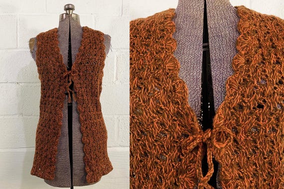 Vintage Brown Chunky Crochet Net Cardigan Helen Sue Sleeveless Sweater Orange 70s 1970s Mod Knit Open Tie Front Small Medium