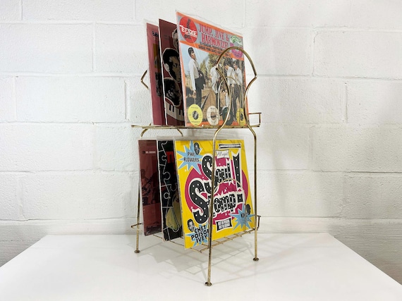 Vintage Metal Record Stand Vinyl LP Shelf Storage Mid-Century Gold MCM Design Wire Rack Holder