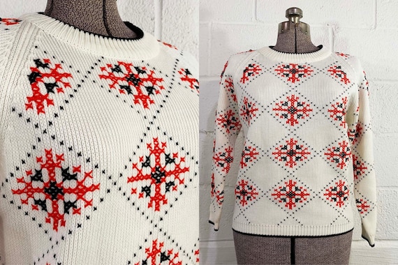 Vintage Snowflake Sweater Pullover Black White Red Long Sleeve Knit Twin Peaks Unisex Medium Large Hygge Raglan 1970s 70s Small Medium