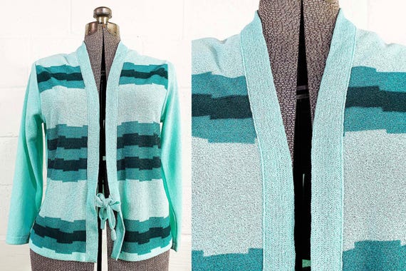 Vintage Striped Cardigan Sweater Open Front Belted Knit Twin Peaks Green Stripe Boho 1970s Medium Large