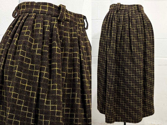 Vintage Pleated Wool Plaid Skirt Autumn Fall Back to School Check Brown Yellow Metal Zippered 1960s 1950s XXS XS
