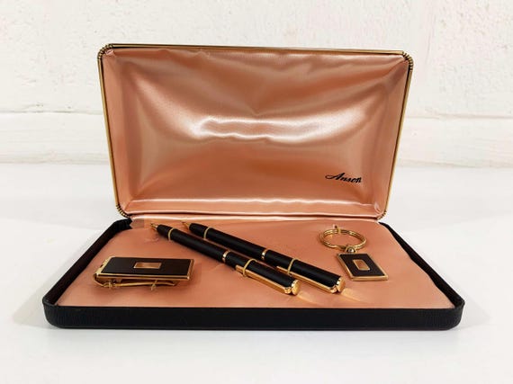 Vintage Pen Gift Set Father's Day Father Dad Groomsman Present MCM Mid-Century USA Deadstock NOS Anson Black Gold Pencil Keychain Money Clip