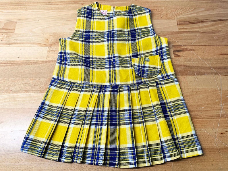 Vintage Children's Yellow Dress Plaid Pleated Skirt Kid's Sleeveless Girl's Dress Children Blue Navy 1960s 60s image 2