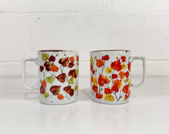 Vintage Fall Leaves Mugs Japan Yellow Mid Century Autumn Leaf Pattern 1970s Set of 2 MCM Retro Kitsch Kawaii Dopamin Decor