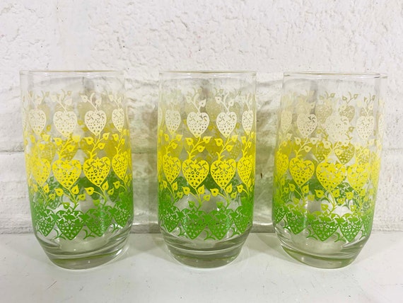 Vintage Floral Green Yellow White Juice Glasses Set of Three Glassware Flowers Barware Retro Bar 1970s
