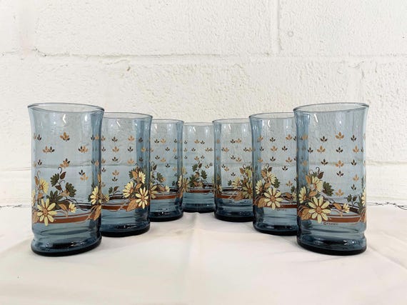 Vintage Blue Daisy Drinking Glasses Libbey Iced Tea Water Dusky Blue Tumblers Set of 7 Retro Glass Barware Cocktail 1970s