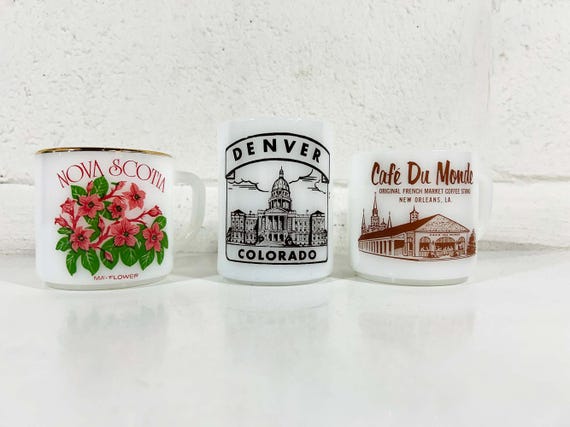 Vintage Souvenir Mug Set of 3 Denver New Orleans Nova Scotia Canada Coffee Cup Mugs Tea Gift Travel 1960s 1950s Federal Glass Cafe Du Monde