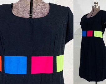 Vintage Black Mini Dress Helene Blake Rayon Neon Geometric Design Short Sleeve Party Cocktail Holiday Colorblock Large Medium 1990s 1980s