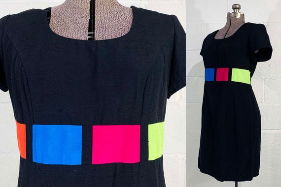 Vintage Black Mini Dress Helene Blake Rayon Neon Geometric Design Short Sleeve Party Cocktail Holiday Colorblock Large Medium 1990s 1980s