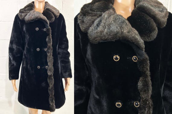Vintage 1960s Black Faux Fur Peacoat, Glenoit Plush Winter Coat