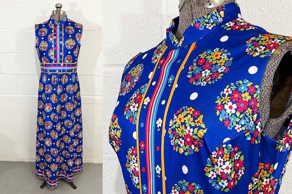 Vintage Mod Maxi Dress Blue Floral Print Hostess Gown Mockneck Twiggy Yves Jennet Sleeveless 1970s Medium Large