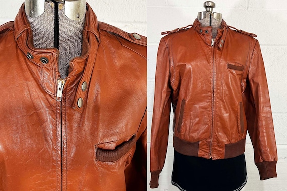 Vintage 1970s Leather Jacket Coverage Bomber Coat Motorcycle Flight Moto Strap Collar Ribbed Cuffs 1980s Medium Large   DAMAGE please read