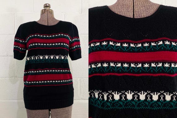 Vintage Short Sleeve Sweater Floral Knit Keneth Too! Plus Striped Short Sleeves Stripes 1980s 80s Large