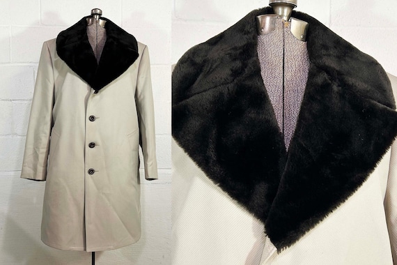 Vintage Winter Coat Cream Jacket Hipster Faux Fur Collar Lining 70s Raincoat Mens Overcoat Cream Cozy Warm 1970s XL XXL 1XL 1X