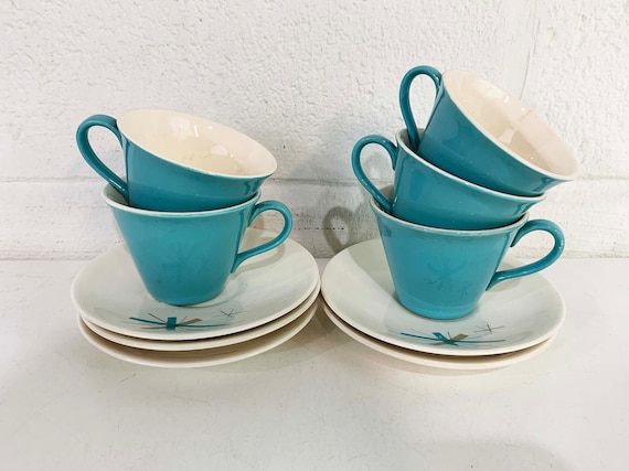 Vintage Salem North Star Set of 5 Coffee Cups Saucers Hopscotch Mid Century Atomic Aqua Blue China MCM Mad Men Tea 1950s