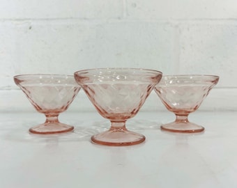 Vintage Pink Footed Sherbet Champagne Glasses Hazel Atlas Diamond Optic 1930s Depression Glass Set of 3 Coupes