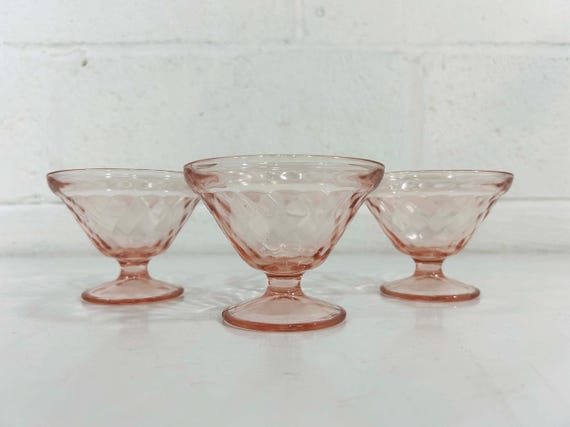 Vintage Pink Footed Sherbet Champagne Glasses Hazel Atlas Diamond Optic 1930s Depression Glass Set of 3 Coupes