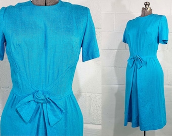 Vintage Turquoise Blue Shift Dress George Small Linen Textured Nubby Mod Wiggle Short Sleeve Sheath Wedding Bridesmaid Party 1960s Small