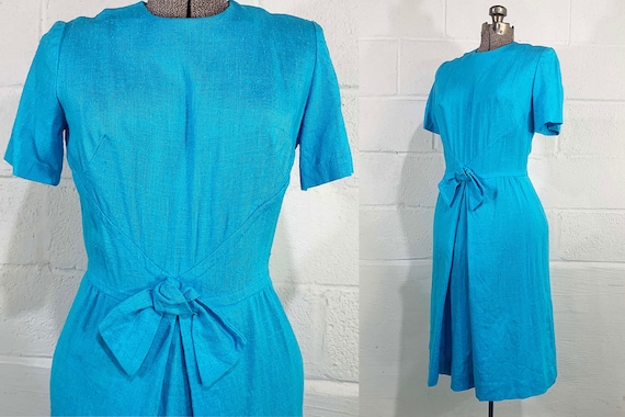 Vintage Turquoise Blue Shift Dress George Small Linen Textured Nubby Mod Wiggle Short Sleeve Sheath Wedding Bridesmaid Party 1960s Small