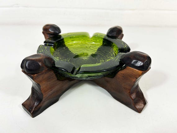 Vintage Green Glass Ashtray on Wood Stand: Tobacciana Home Decor