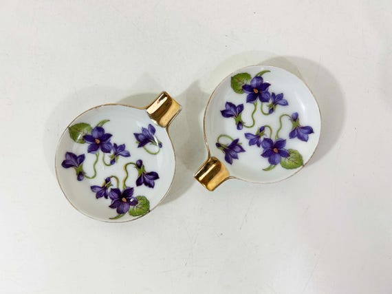 Vintage Personal Ashtray Set of 2 Purple Flowers Card Table Mid-Century Bridge 1950s