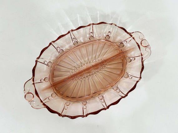 Vintage Pink Depression Glass Divided Serving Tray Dish Mid-Century Retro Cocktail Party Oyster and Pearl Anchor Hocking Relish Tray 1930s