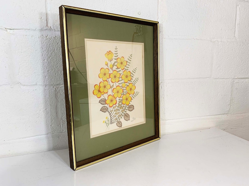 Vintage Framed Floral Print Olivia Francis Frame Lithograph Litho Yellow Flowers 1981 1980s image 2