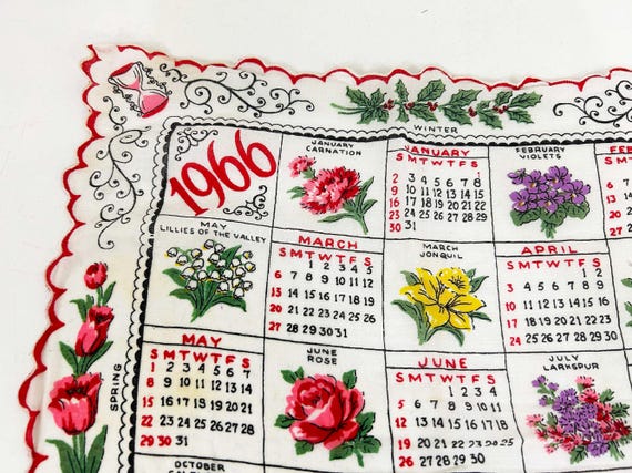 Vintage Hankie Square Floral Flowers Handkerchief Hanky Cotton Mid-Century Retro Cute 1960s 60s 1966 Calendar Krier Flower of the Month