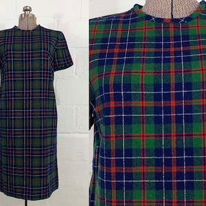 Vintage Plaid Dress Green Blue Red Schoolgirl Shift Short Sleeve Windowpane 1960s 1970s Medium Large