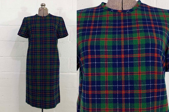Vintage Plaid Dress Green Blue Red Schoolgirl Shift Short Sleeve Windowpane 1960s 1970s Medium Large