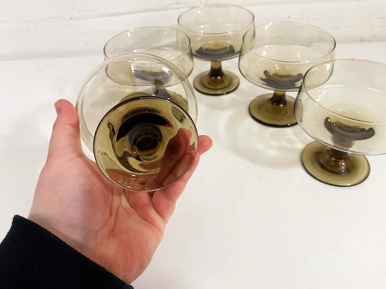 Vintage Smoky Coupe Glasses Goblets Coffee Brown Set of 5 Champagne Sherbert Dessert 1970s 1960s Holiday Party image 5