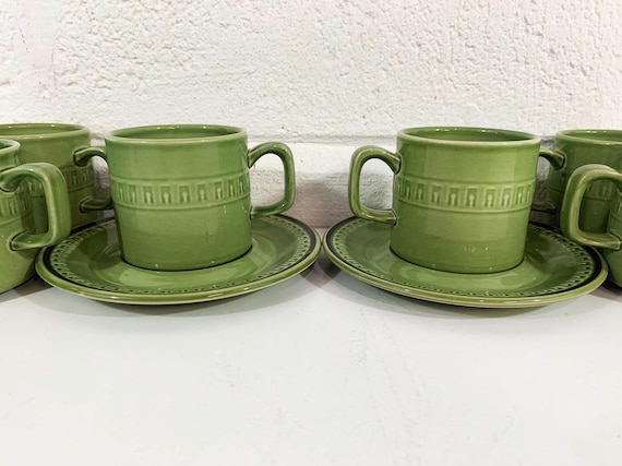 Vintage Set of 6 Small Mugs Stonecraft Seminole Avocado Olive Green Floral Japan Cup Saucer Mid Century Atomic MCM Mad Men 1970s