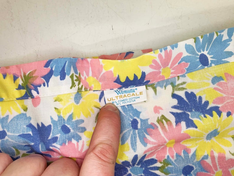 Vintage Twin Sheet Set Flat & Fitted Sheets Wamsutta Pink Blue Yellow Green Floral Bedding Fabric Mid-Century 1960s 1970s image 3