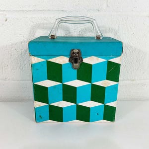 Vintage Groovy 60s Platter-Pak 45 Etui do przenoszenia płyt Mod MCM Vinyl 7" Pudełko do przechowywania płyt Psychodelicznych Muzyka Niebieski Zielony Plastikowy Uchwyt