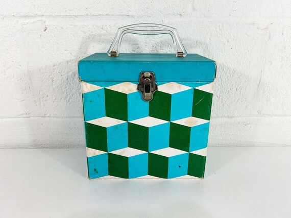 Vintage Groovy 60s Platter-Pak 45 Record Carrying Case Mod MCM Vinyl 7" Inch Storage Box Psychedelic Records Music Blue Green Plastic Handle