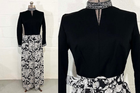 Vintage Black Maxi Dress Long Sleeve Mod Silver Keyhole Mockneck Formal Evening Hostess Gown Paisley 1960s Small Medium