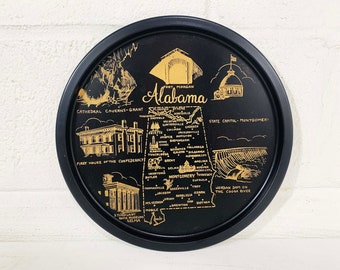 Vintage Metal Alabama Drink Tray Plate Souvenir Retro Round Mid-Century Yellow Norex Hand Painted Barware White Black Gold 1970s