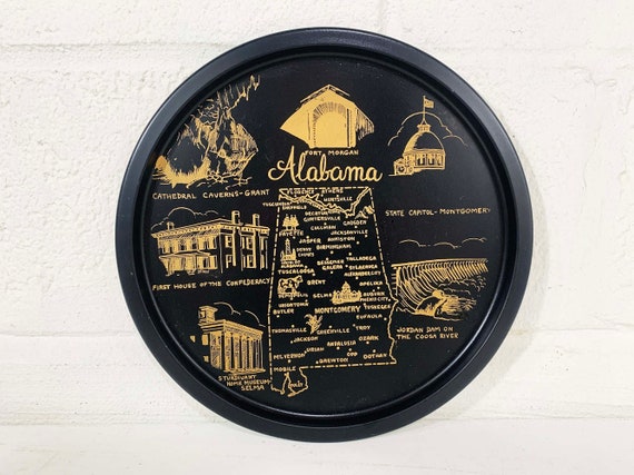 Vintage Metal Alabama Drink Tray Plate Souvenir Retro Round Mid-Century Yellow Norex Hand Painted Barware White Black Gold 1970s