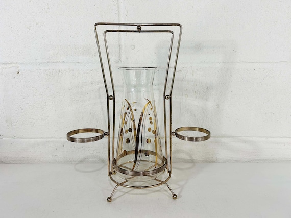 Vintage Mid Century Modern Colony Glass Liquor Decanter Martini Cocktail Pitcher Bar Cart Decor Barware Caddy Organizer 1950s