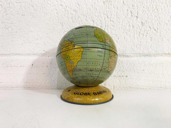 Vintage Globe Bank Mid Century J. Chein Tin Lithograph Metal World Map Baby Kids Room Decor Nursery Made in the USA 1950s Bookshelf Decor